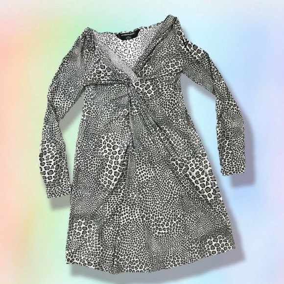 Norma Kamali Dress S Animal Print Black Gray White V Neck Knot mob wife party - Picture 3 of 8